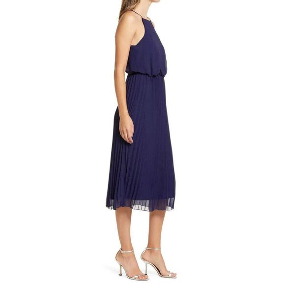 Sam Edelman Size 4 Electric Pleated A Line Long Midi Dress Navy Blue Halter Top - Picture 7 of 10
